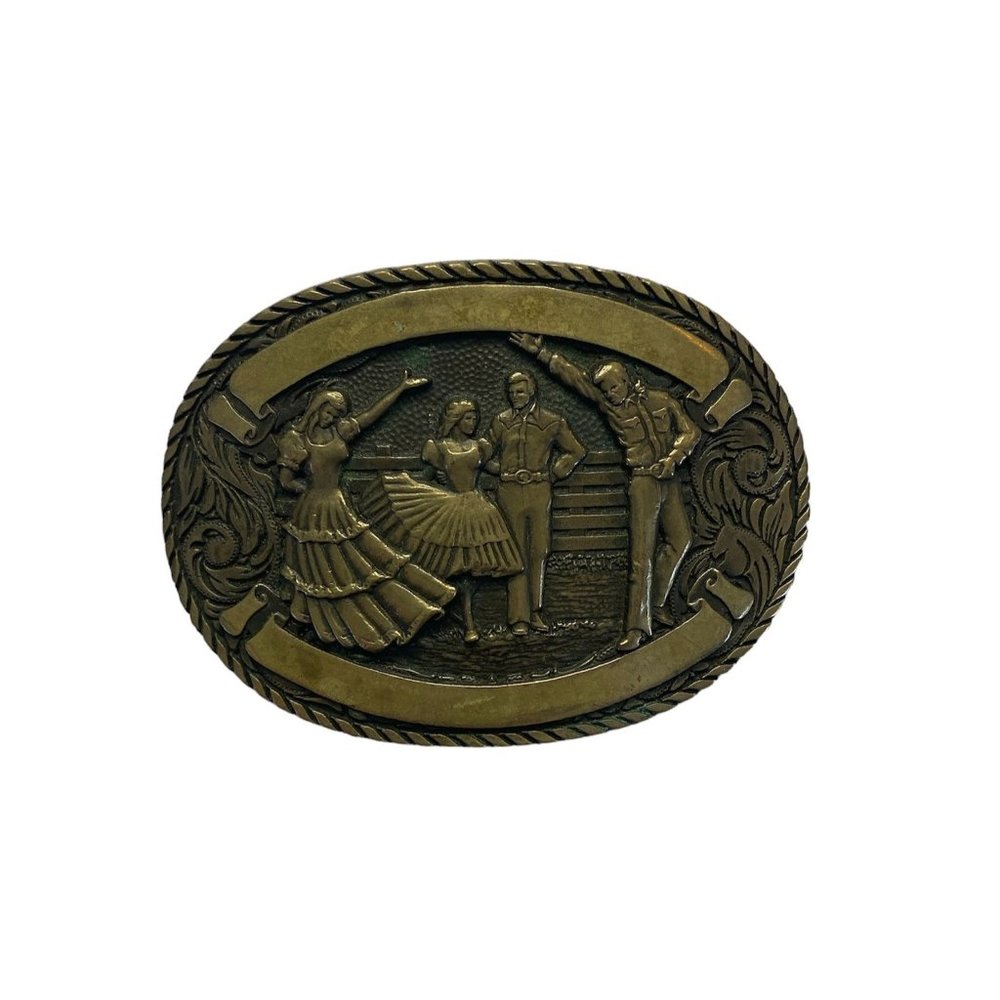 Vintage Belt Buckle Solid Brass Square Dancers Engravable by Award Design Medals